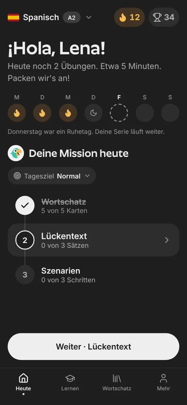 Der Heute-Bildschirm von Repetium mit deiner Mission für heute