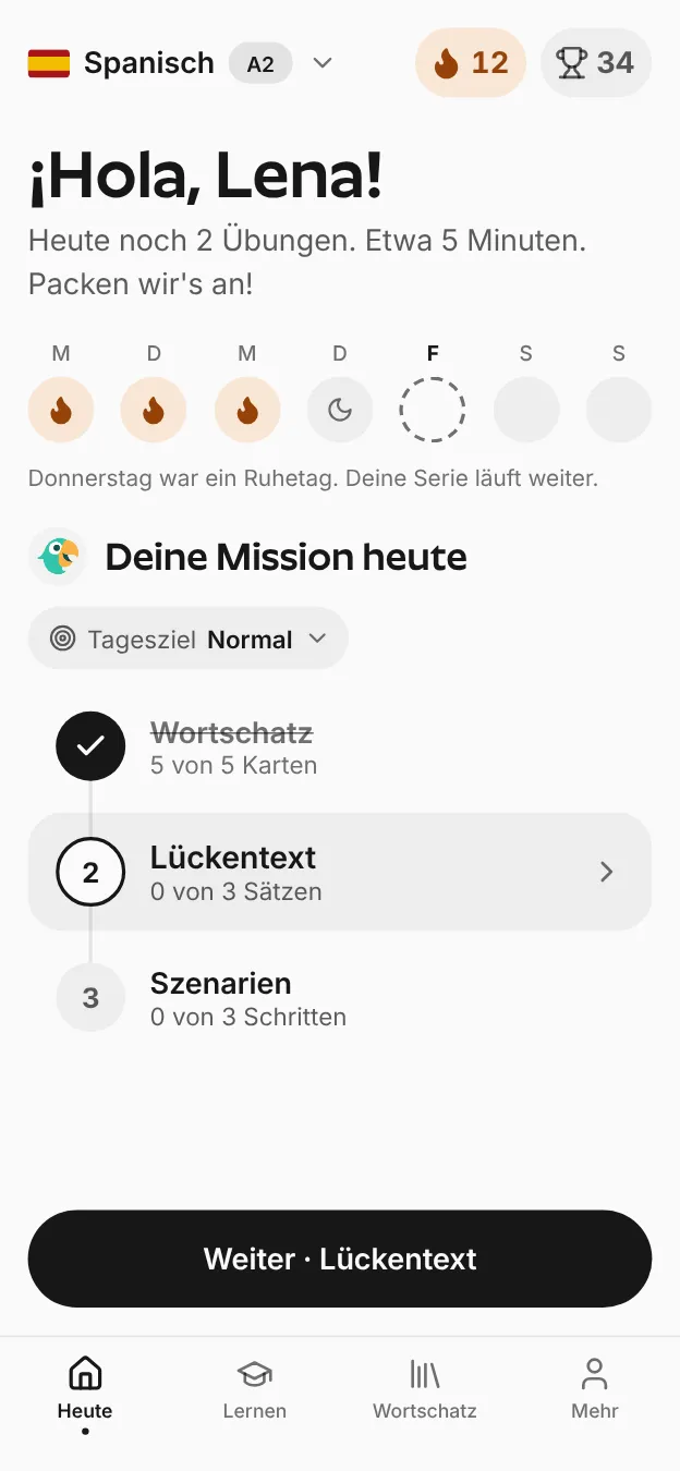 Der Heute-Bildschirm von Repetium mit deiner Mission für heute