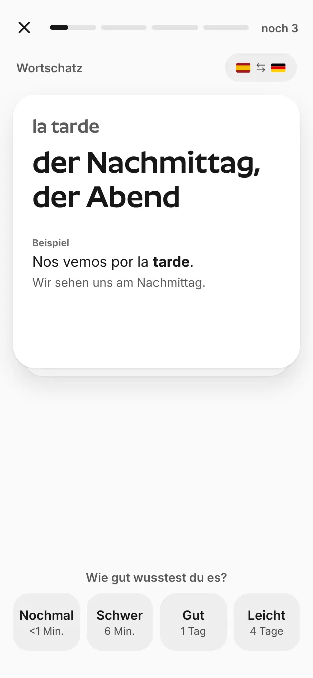 Eine Wortschatzkarte mit der Antwort und den Wiederholungsoptionen