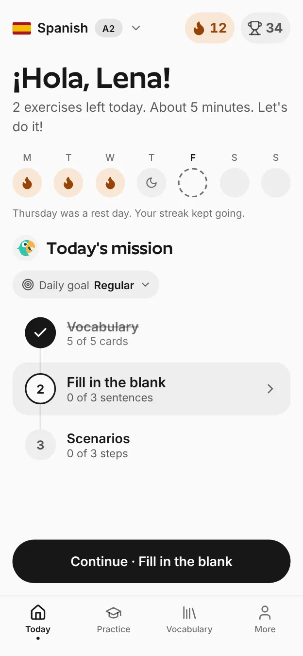 O ecrã Today de Repetium com a missão de hoje