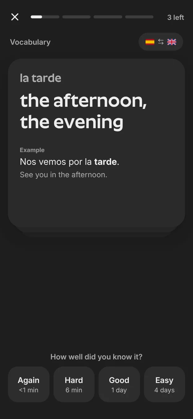 Um cartão de vocabulário com a resposta e as opções de revisão