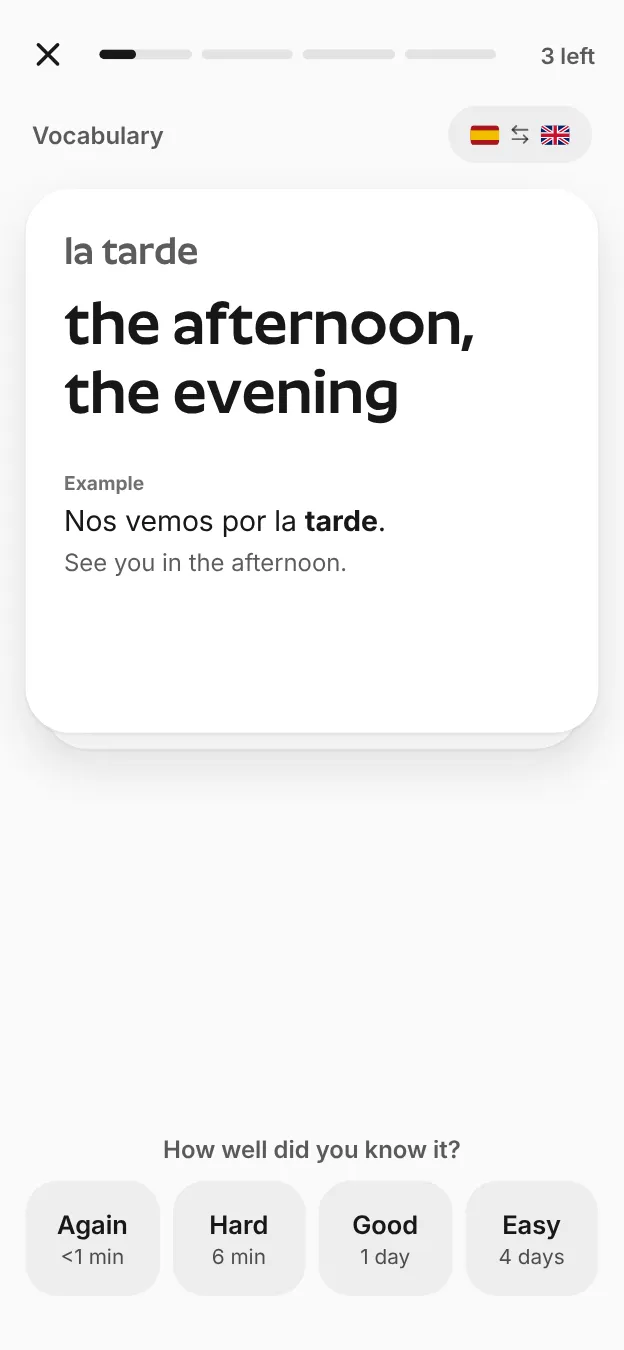 Um cartão de vocabulário com a resposta e as opções de revisão
