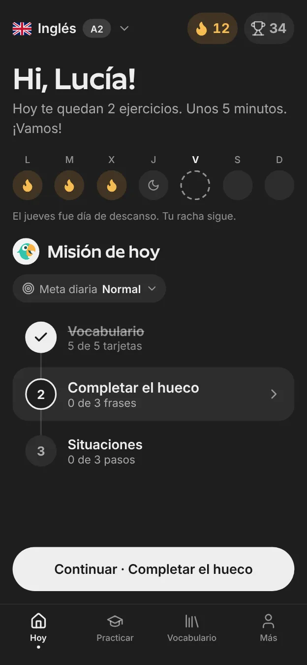 La pantalla Hoy de Repetium con la misión de hoy