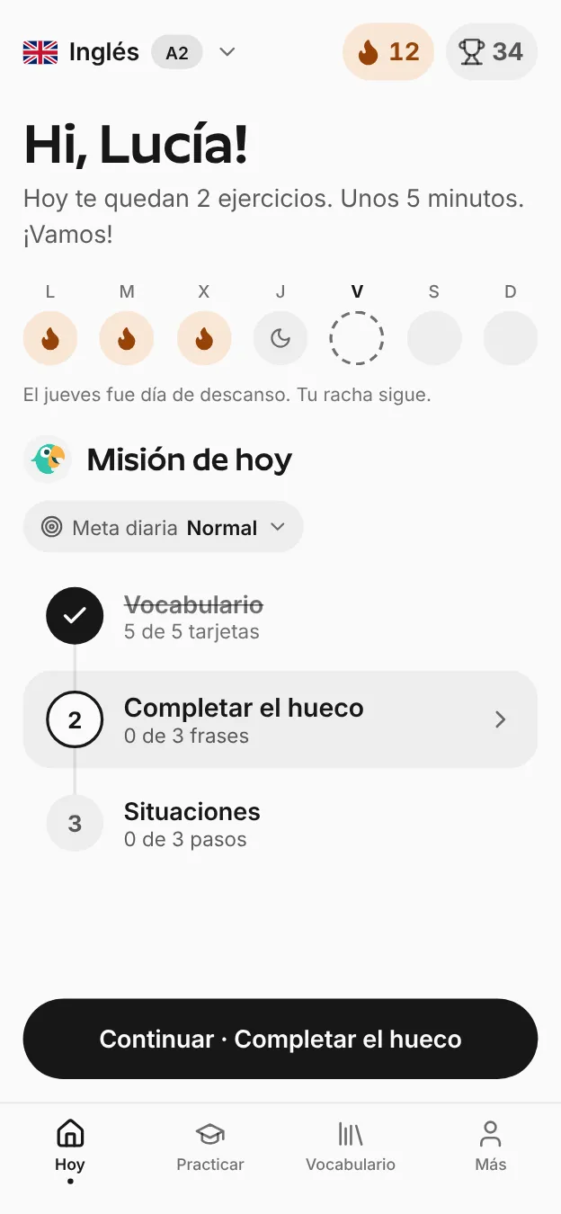 La pantalla Hoy de Repetium con la misión de hoy