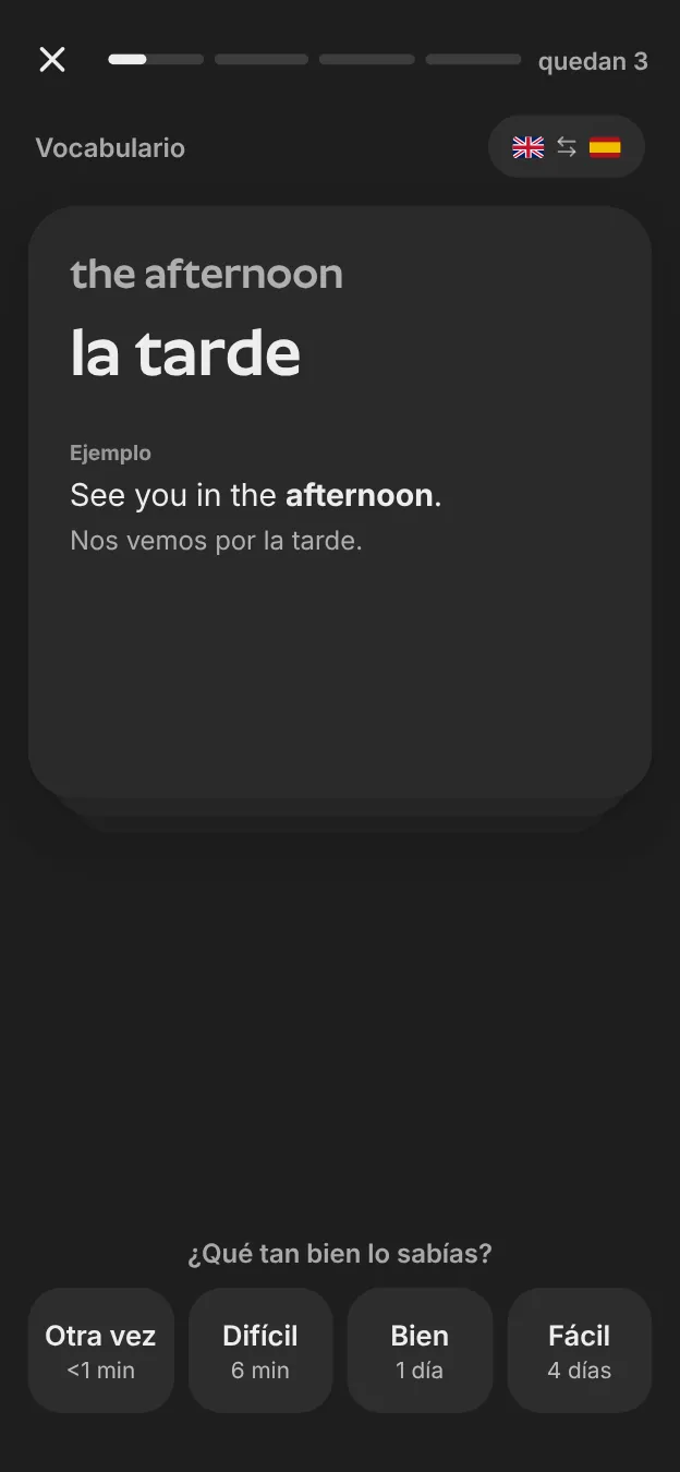 Una tarjeta de vocabulario en inglés con la respuesta y las opciones de repaso