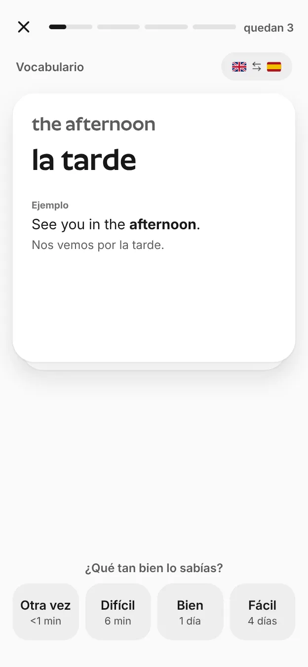 Una tarjeta de vocabulario en inglés con la respuesta y las opciones de repaso